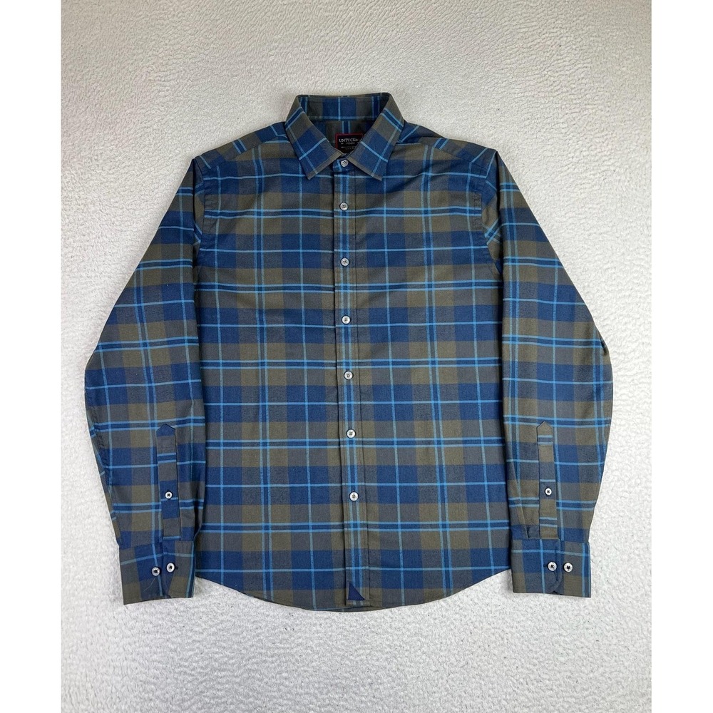 UNTUCKit Woods Mens Medium Green Blue Plaid Flannel Button Up Shirt 41184